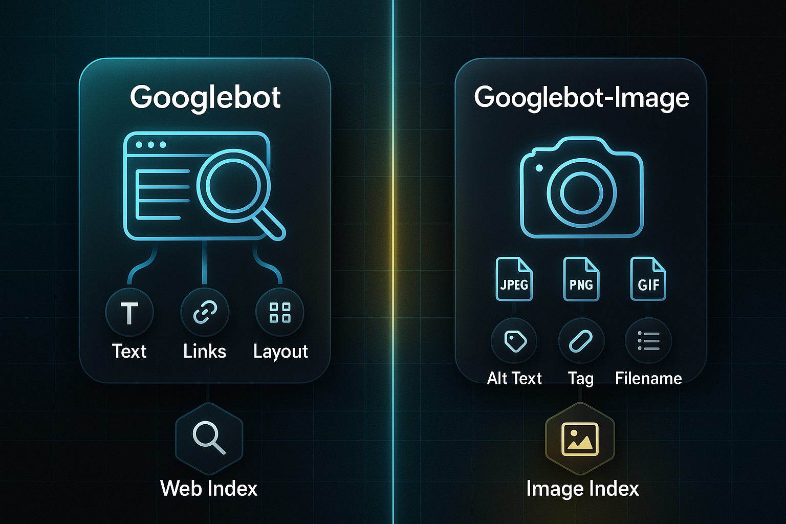 Infographic comparing Googlebot and Googlebot-Image, with icons, arrows to data types, and highlighted Image Index label.