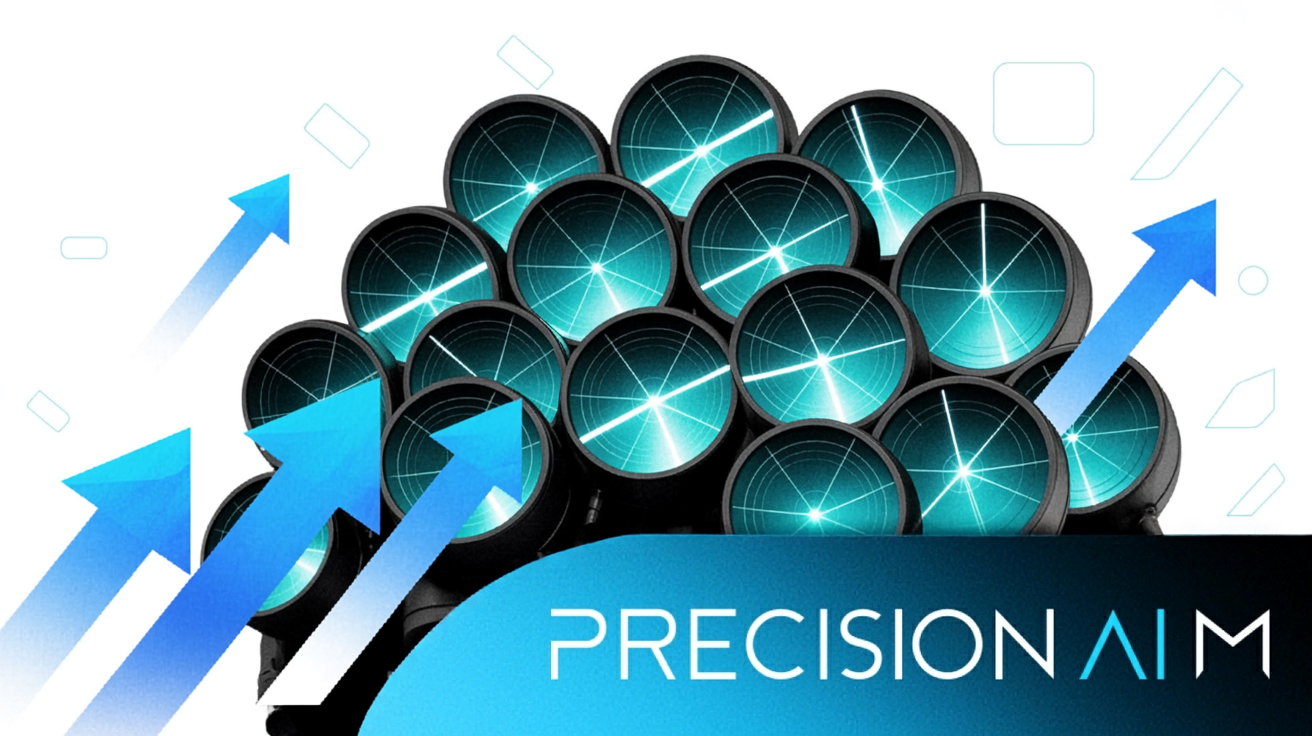 Cluster of glowing blue radar screens in a semicircle with vibrant upward arrows, suggesting movement and progress.