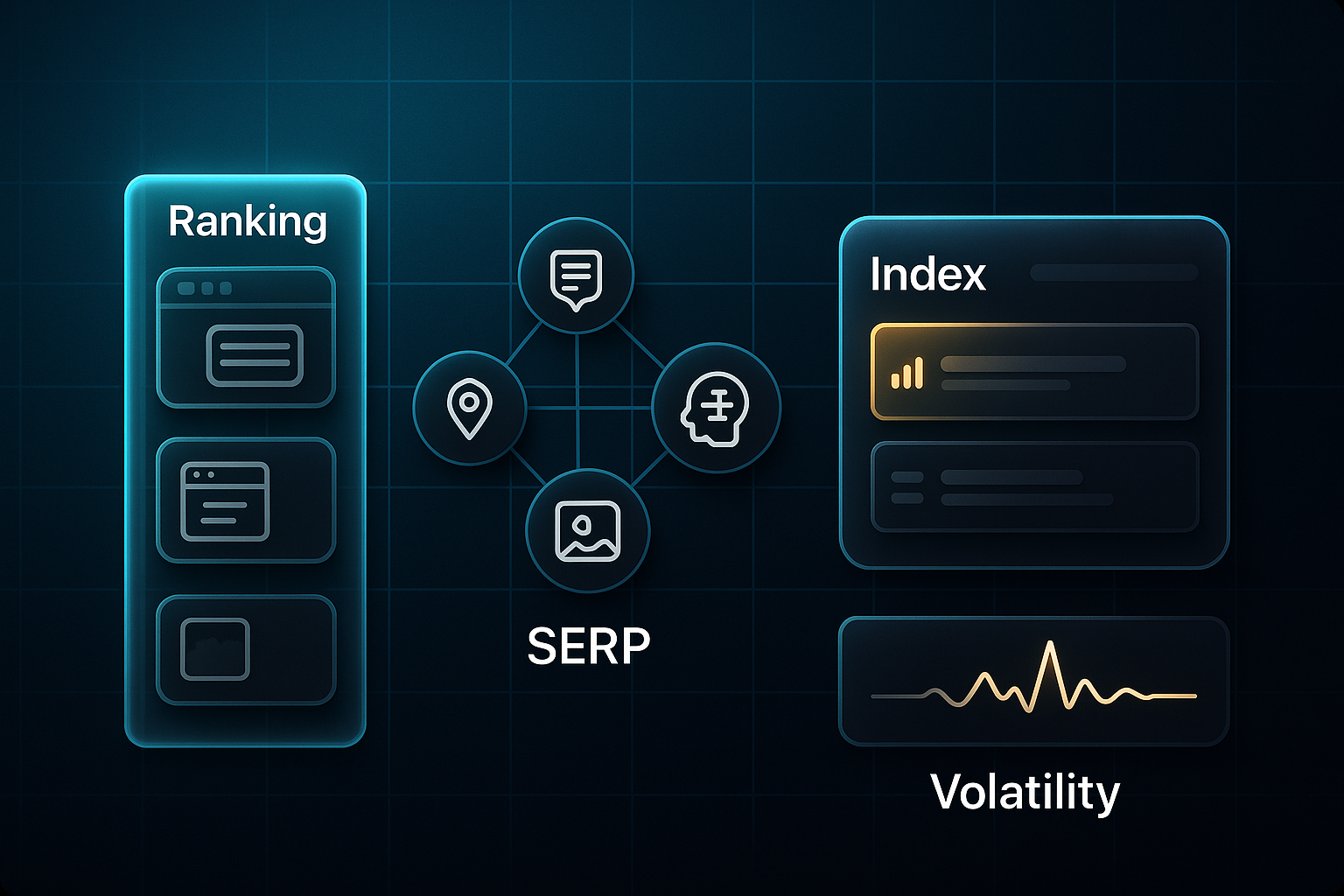 Infographic with four sections: glass ladder labeled Ranking, SERP node cluster, Index scoreboard, and Volatility seismograph on dark tech background.