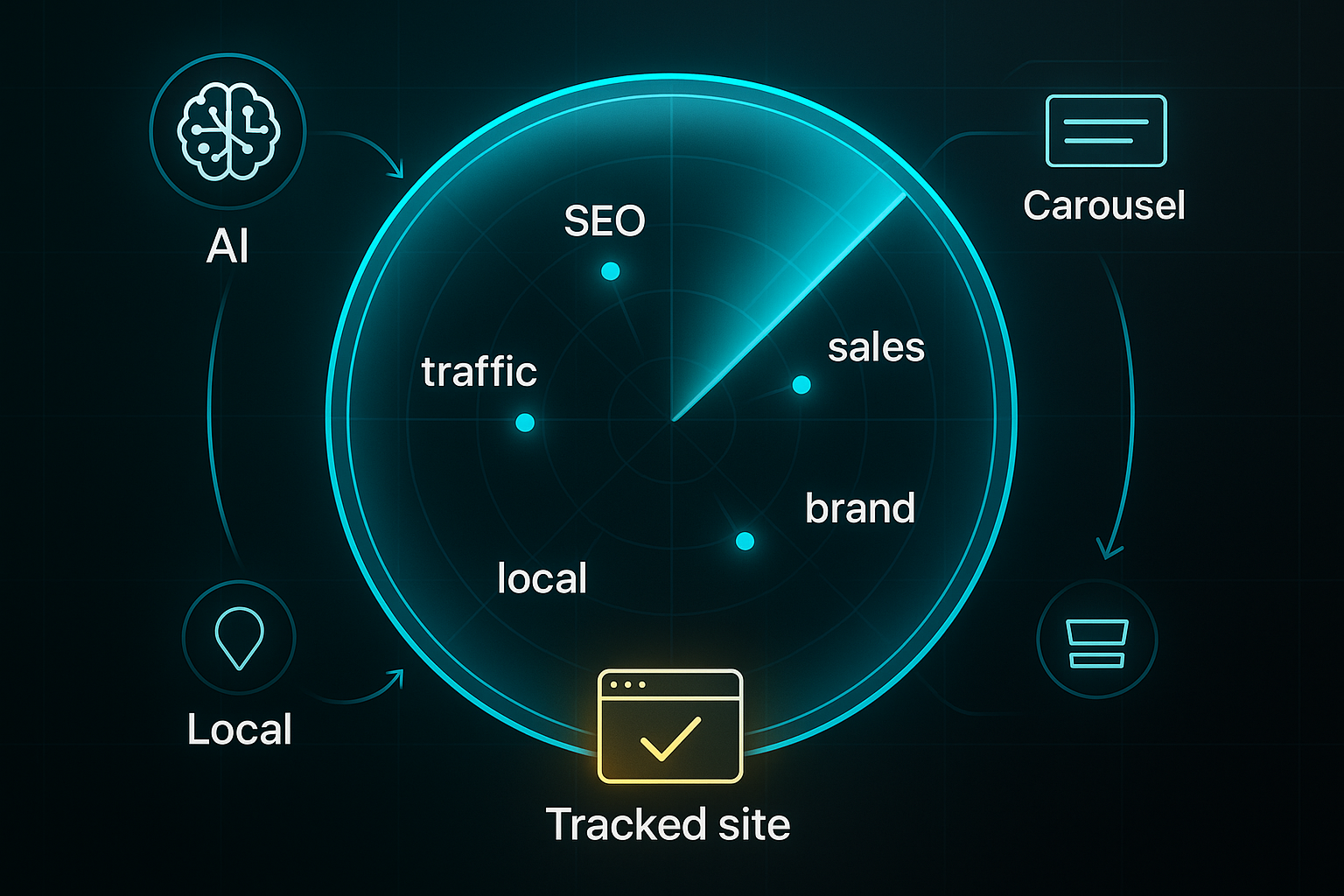 Infographic of a holographic radar screen tracking blips labeled SEO, traffic, sales, brand, local, AI, SERP, with SERP feature icons
