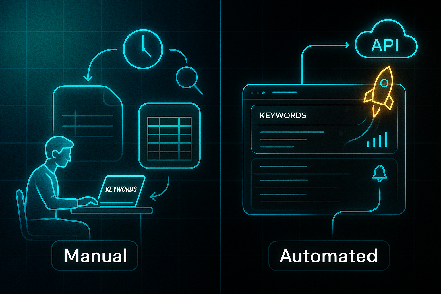 Infographic comparing manual tracking with a person using a laptop and spreadsheet to automated tracking with a software dashboard and cloud integration.