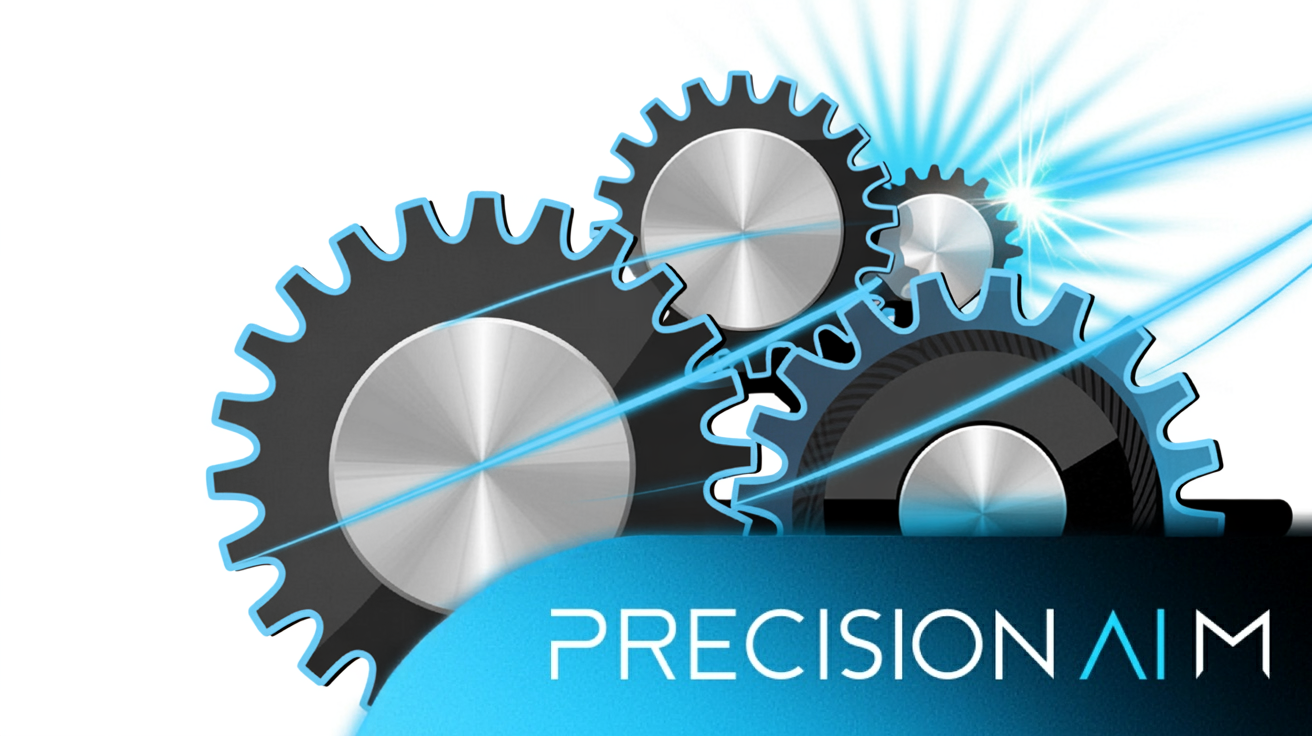 Four overlapping metallic gears with blue highlights and motion lines, abstract arrows and glowing light bursts in a white background