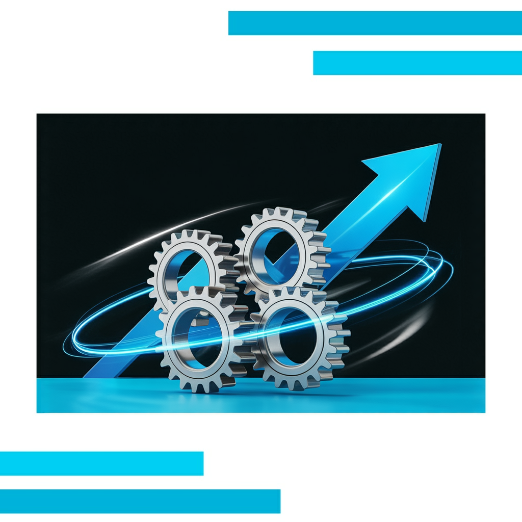 Three interlocked metallic gears glowing blue, connected by flowing white lines, with an upward blue arrow and motion streaks in the background