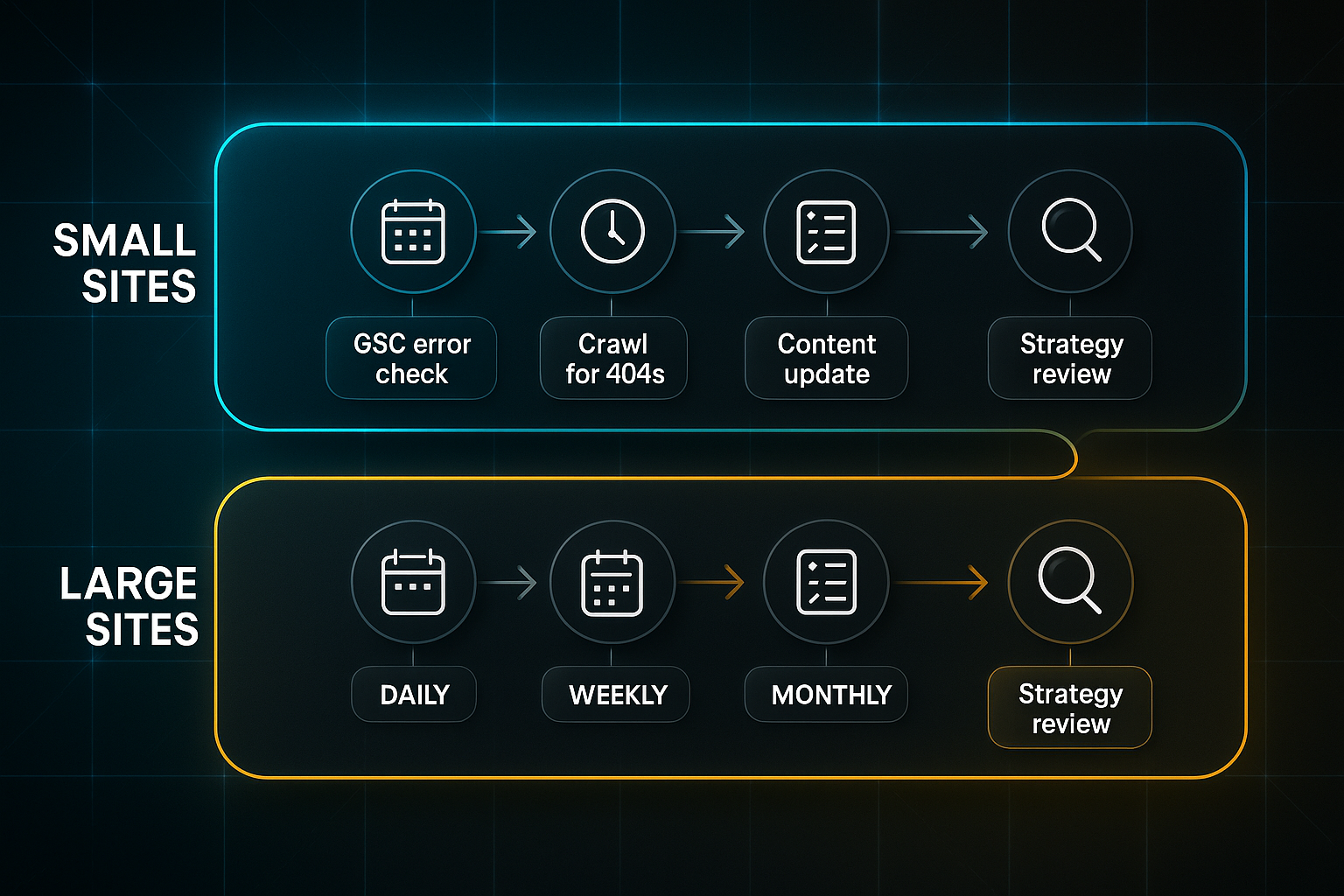 Infographic showing two timelines for small and large sites with icons for daily, weekly, monthly, and quarterly tasks.