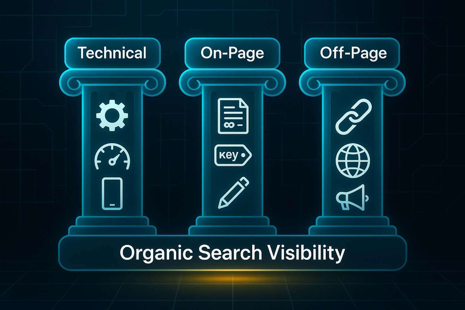 Infographic with three glass-like pillars labeled Technical, On-Page, and Off-Page, each with related white icons, above "Organic Search Visibility" text.