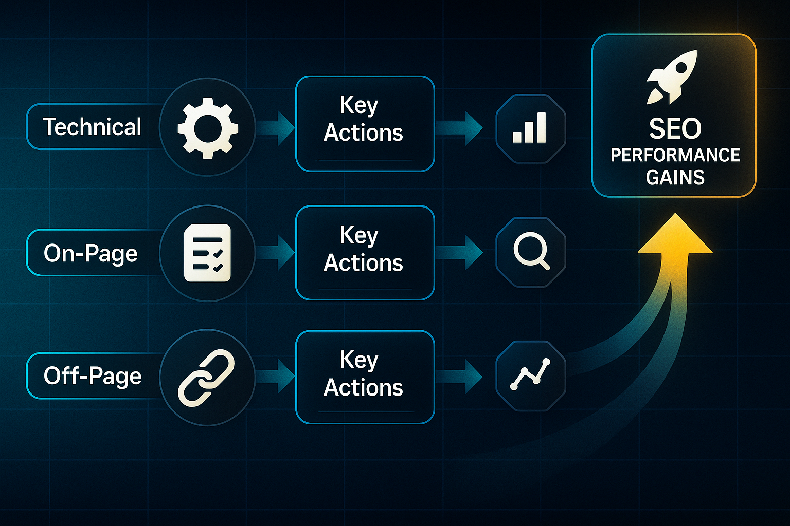 Infographic showing three lanes labeled Technical, On-Page, and Off-Page, each with icons and arrows converging to SEO Performance Gains.
