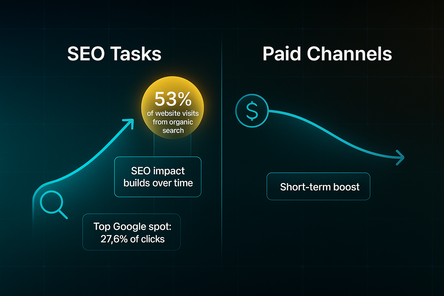 Infographic comparing SEO growth curve with magnifying glass icon and stats to paid channels' flat line and currency icon on dark tech background