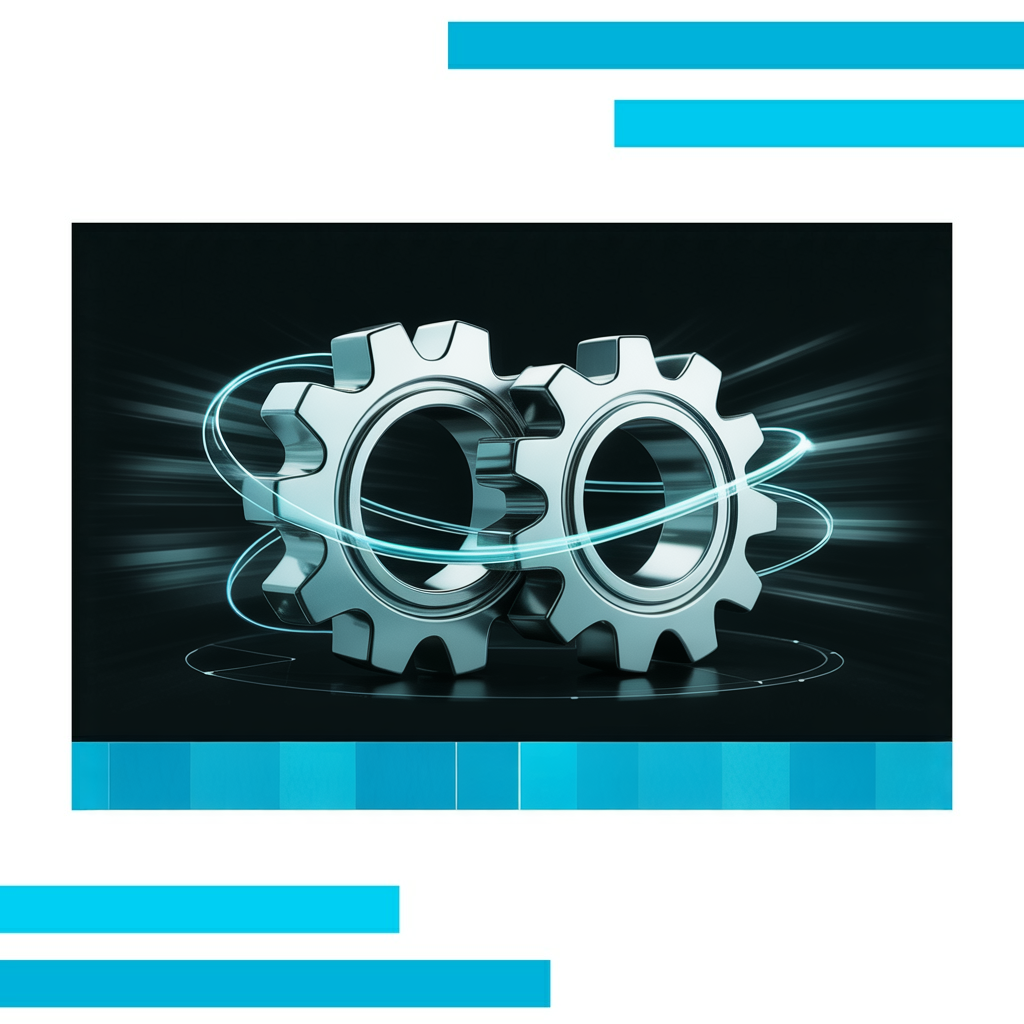 Two interlocked metallic gears, one blue and one black, surrounded by abstract icons and glowing digital lines on a white background