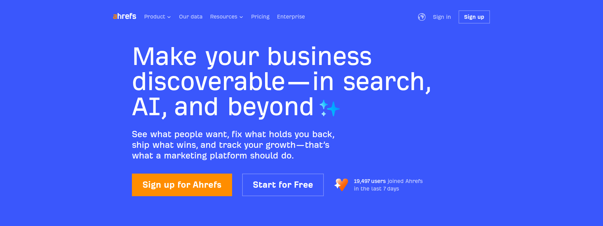 Ahrefs homepage hero section displaying main information