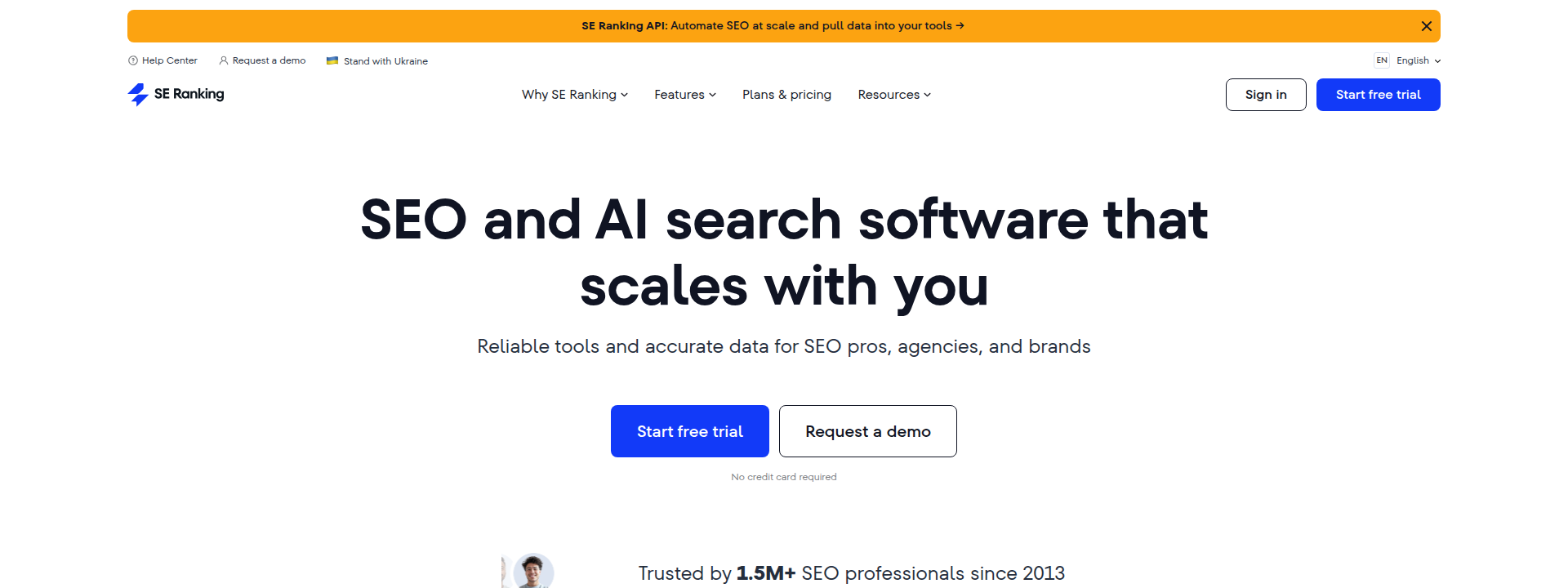 SE Ranking homepage hero section displaying main information