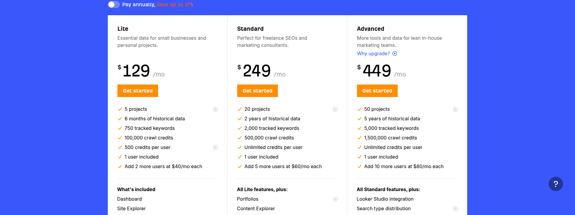 Ahrefs pricing page displaying their pricing information