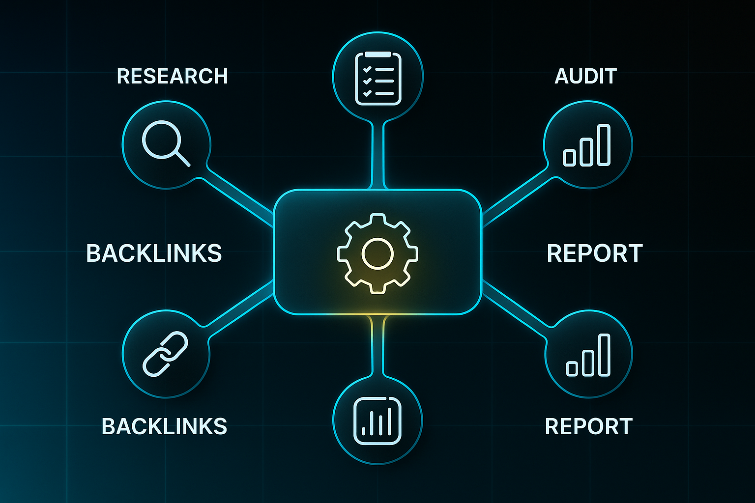 Futuristic dashboard with central gear icon and five spokes labeled Research, Backlinks, Audit, Rank, and Report