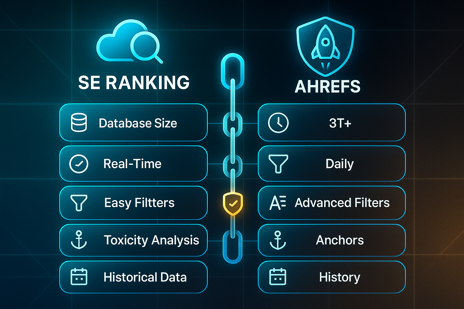 Infographic comparing SE Ranking and Ahrefs features in two columns with icons, glowing grid, and chain links connecting each row.