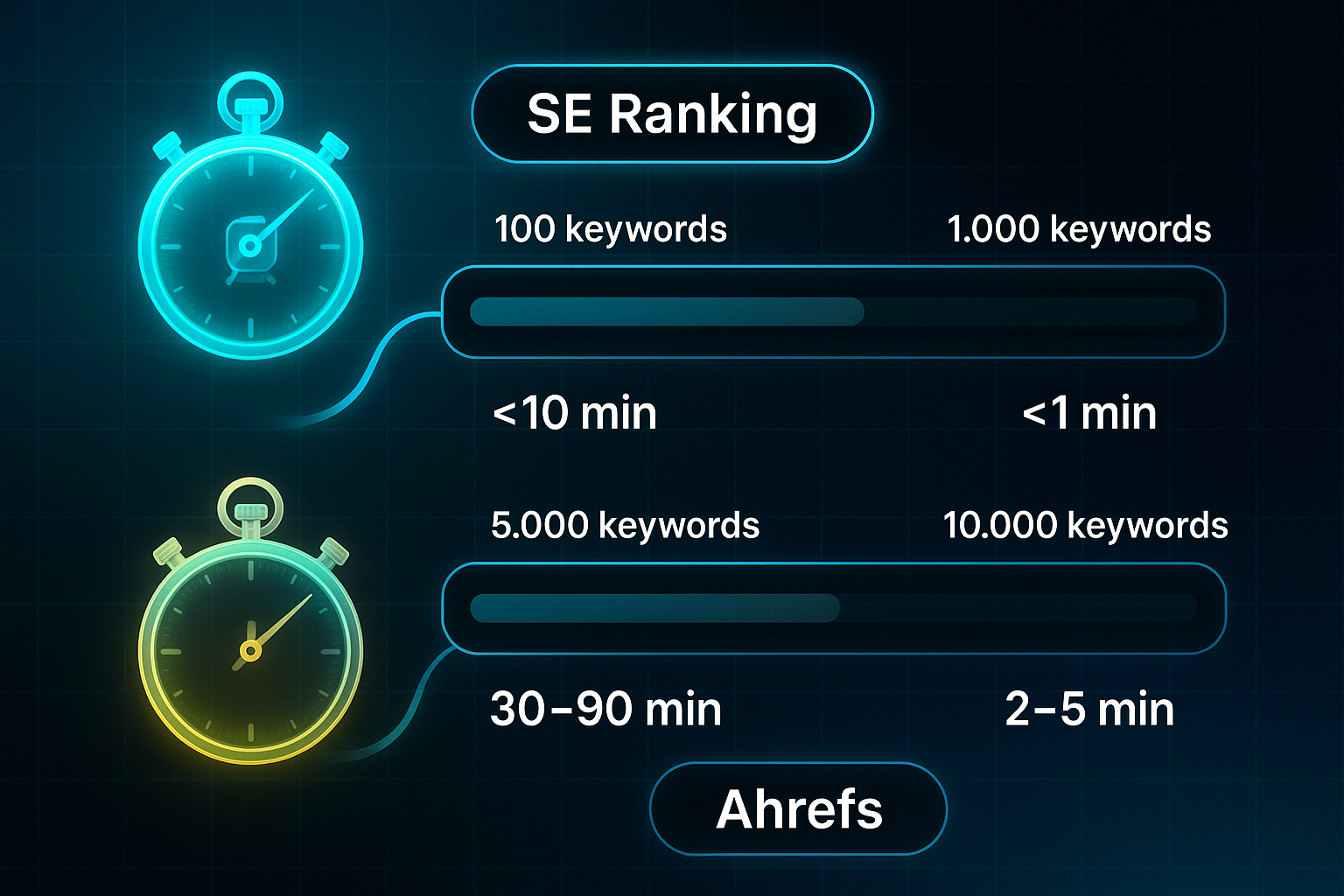 Infographic comparing SE Ranking and Ahrefs timelines with labeled progress bars, stopwatch icons, and glowing tech grid background