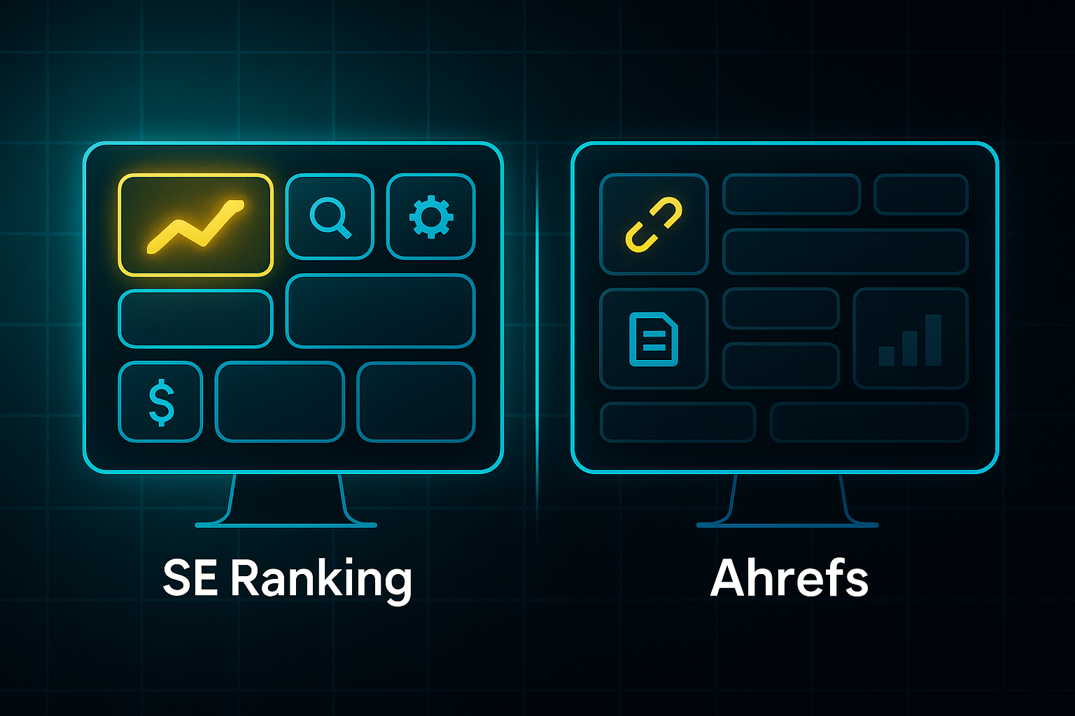 Infographic comparing SE Ranking and Ahrefs dashboards, each on a stylized monitor with highlighted feature icons and glowing divider