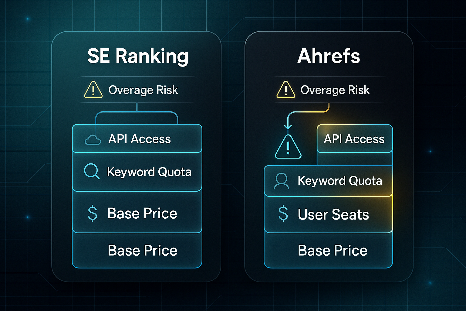 Infographic comparing SE Ranking and Ahrefs pricing with stacked bar charts, icons, and highlighted user seat costs.