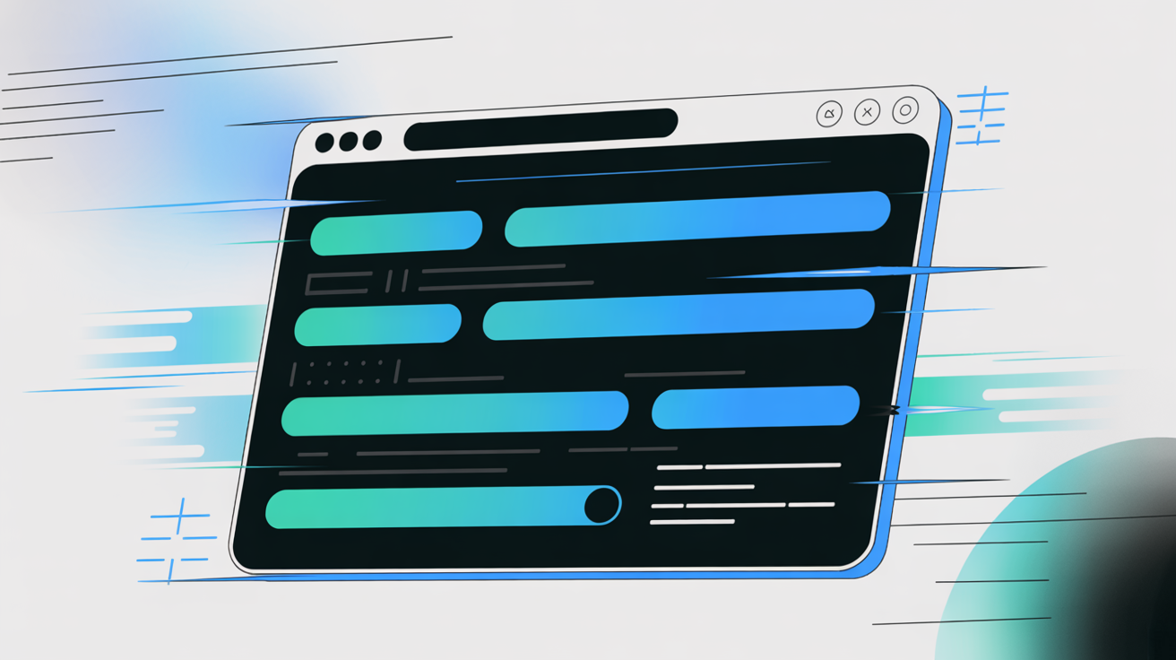 Computer monitor showing a stylized browser window with glowing blue snippet bars and dynamic motion lines.