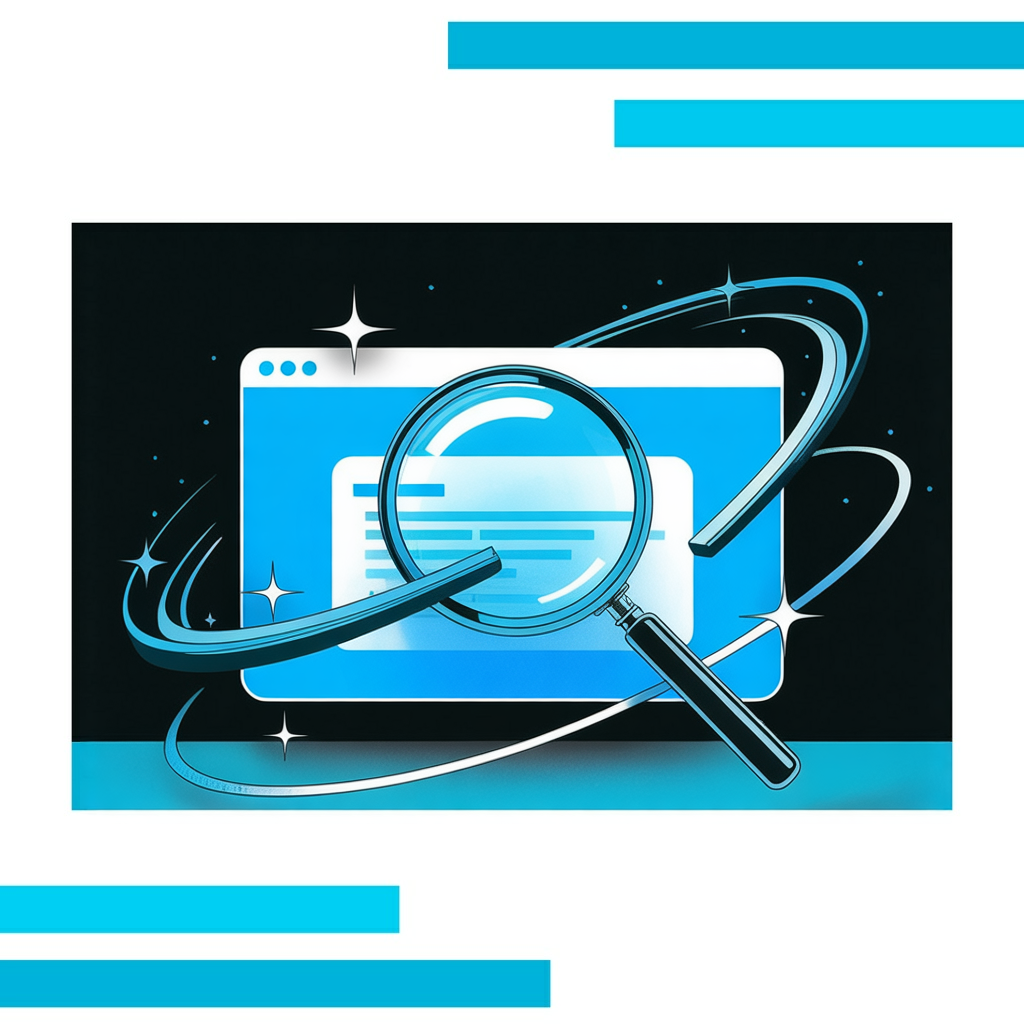 Sleek browser window with a large magnifying glass over a glowing snippet box, surrounded by dynamic blue accents and sparkles.