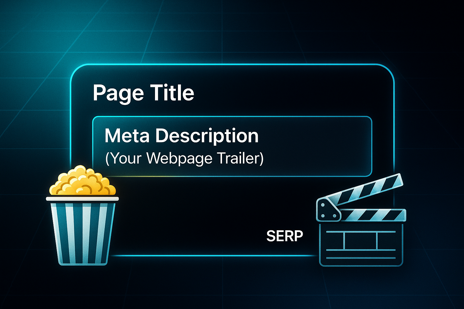 Infographic showing a stylized search results page with filmstrip, popcorn bucket, and clapperboard icons on dark tech background