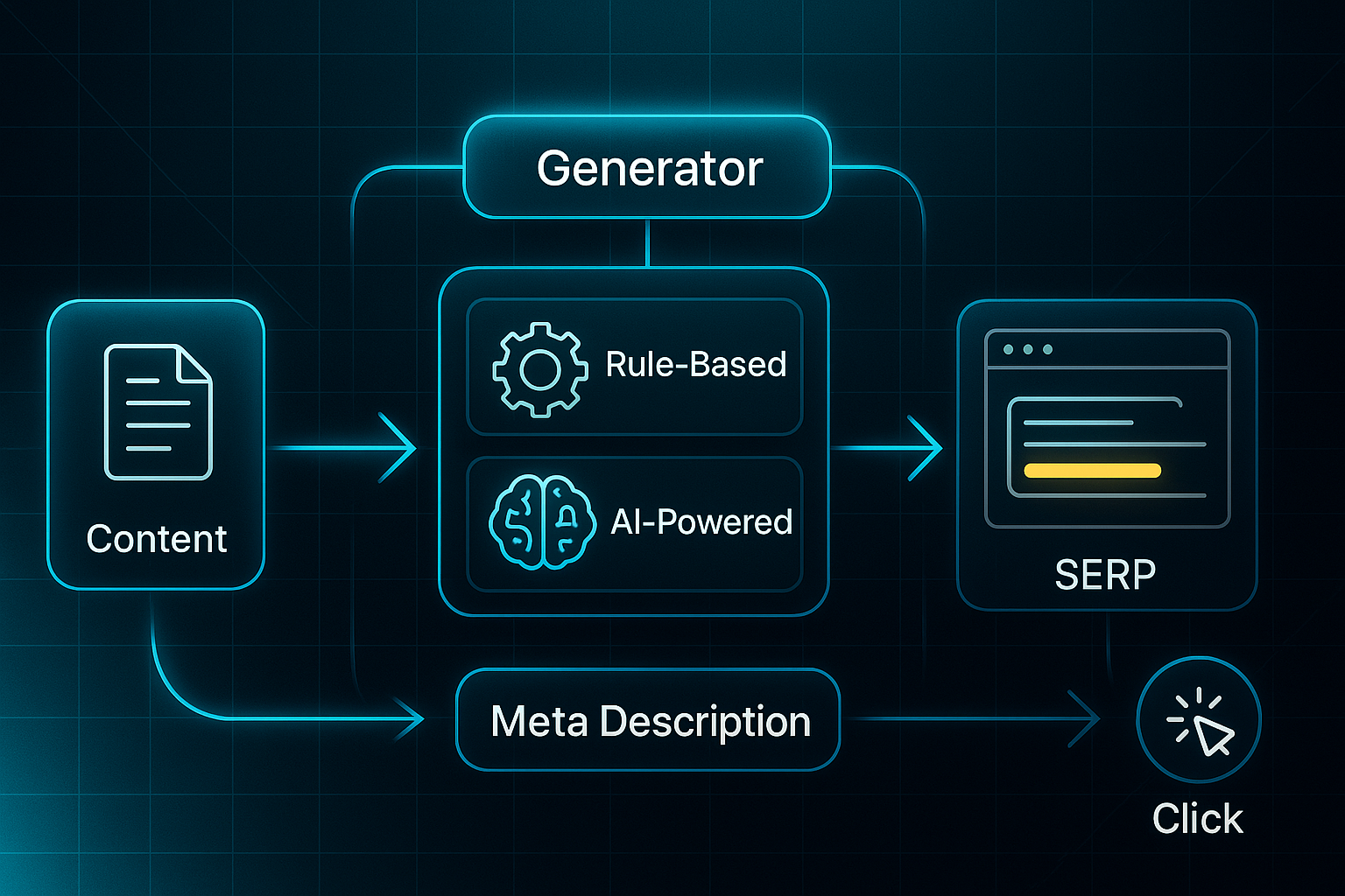 Futuristic infographic showing a five-stage process from content creation to user click, with icons and labeled steps connected by glowing arrows.