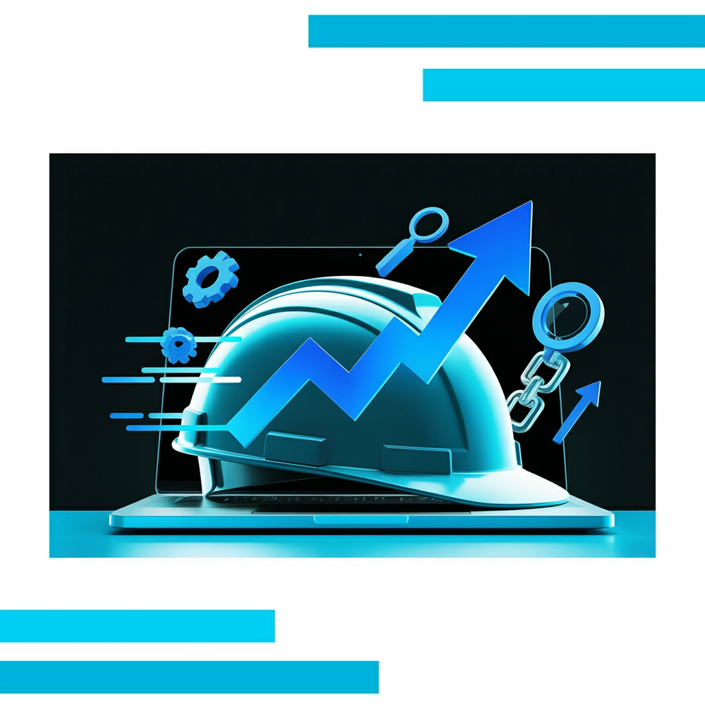 Construction helmet with glowing blue outline on laptop showing upward arrow, surrounded by blue motion lines and geometric icons