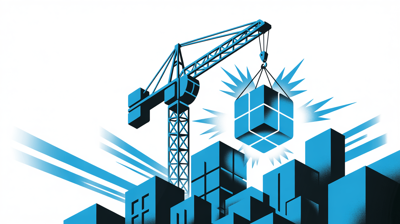 Blue construction crane lifting a glowing building block above a modern cityscape with vibrant motion and light effects