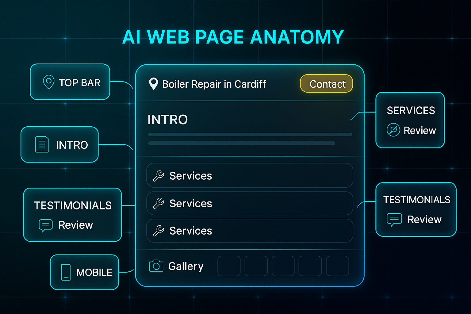 Futuristic infographic showing a web page mockup divided into labeled sections with icons and glowing callout boxes.