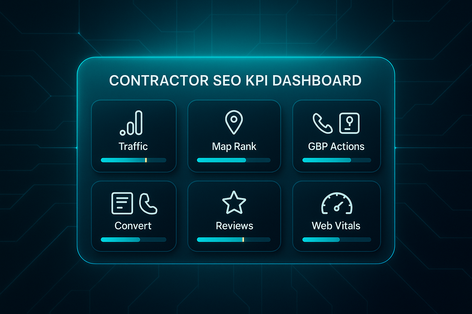Futuristic dashboard infographic with six KPI widgets labeled Traffic, Map Rank, GBP Actions, Convert, Reviews, and Web Vitals.