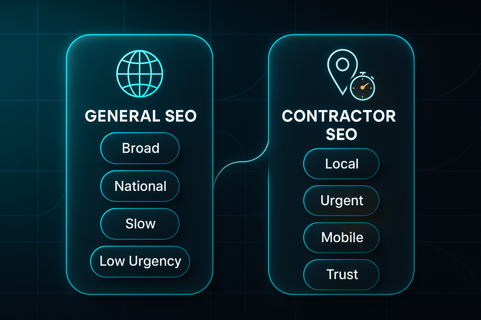 Infographic comparing General SEO and Contractor SEO with labeled nodes, globe and map pin icons, and a glowing stopwatch for urgency.