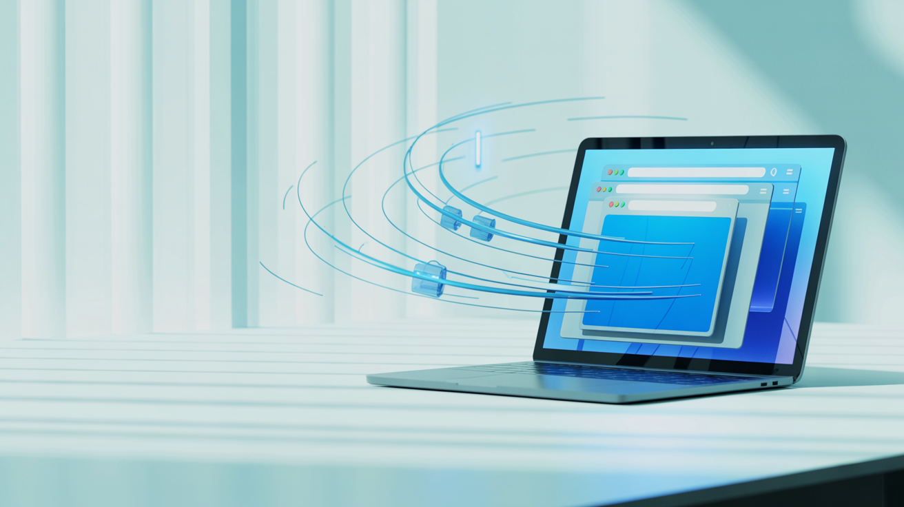 Sleek laptop with glowing blue screen showing layered browser windows, surrounded by gears, code brackets, and dynamic blue accents.