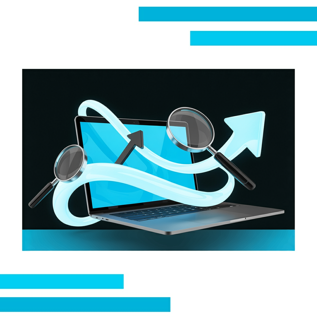 Sleek laptop with a glowing blue screen, surrounded by abstract browser windows, icons, and dynamic flowing lines.