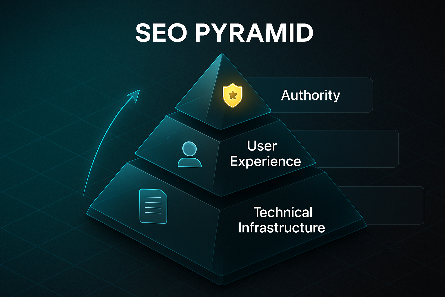 Isometric infographic of a four-layer glass pyramid labeled Technical Infrastructure, Content, User Experience, and Authority with icons