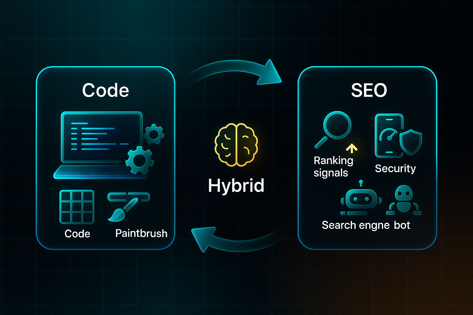 Infographic showing web development tools on the left, SEO elements on the right, connected by arrows and a central brain icon labeled "Hybrid"