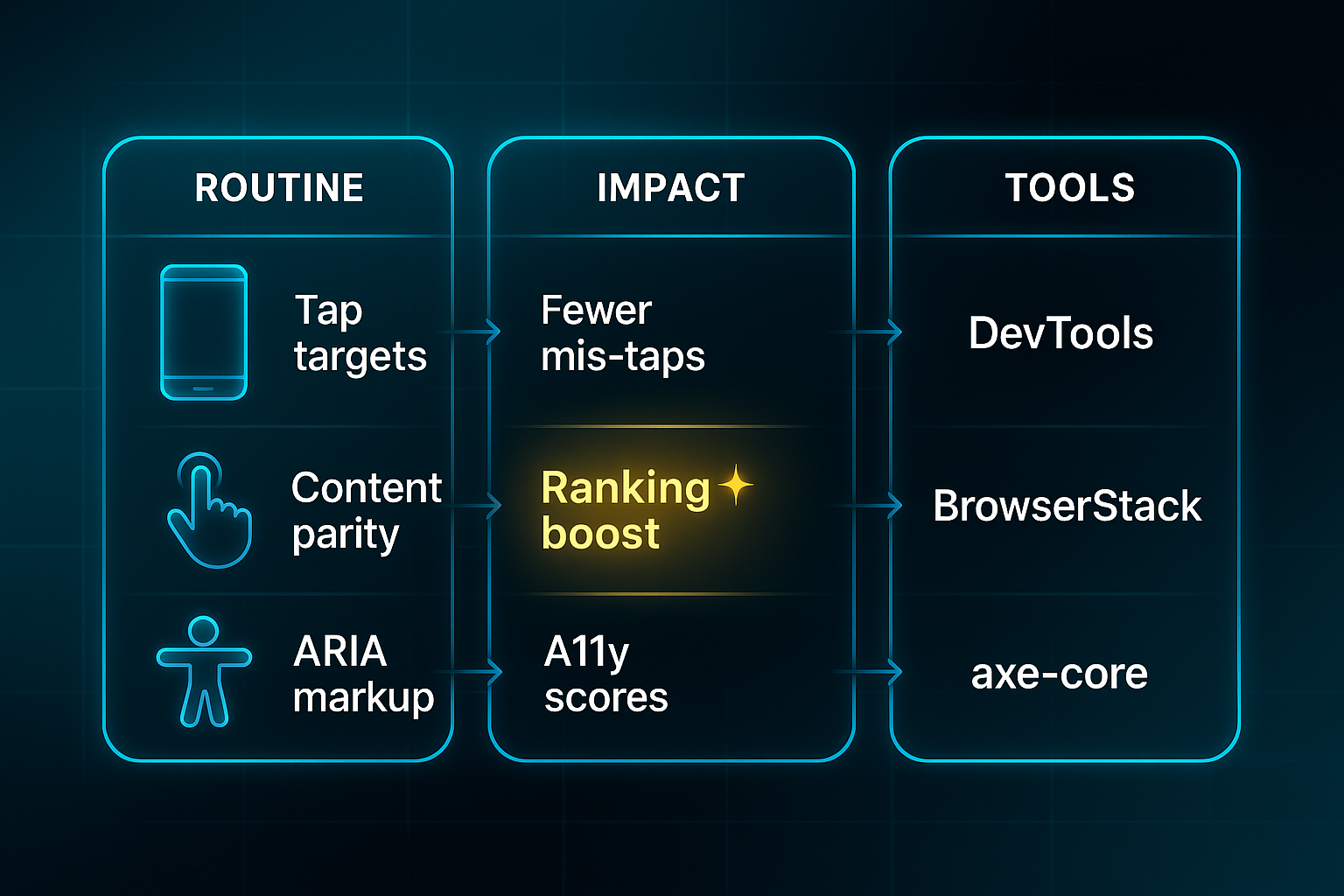 Infographic with three checklist columns for Routine, Impact, and Tools, connected by arrows, highlighting 'Ranking boost' cell.