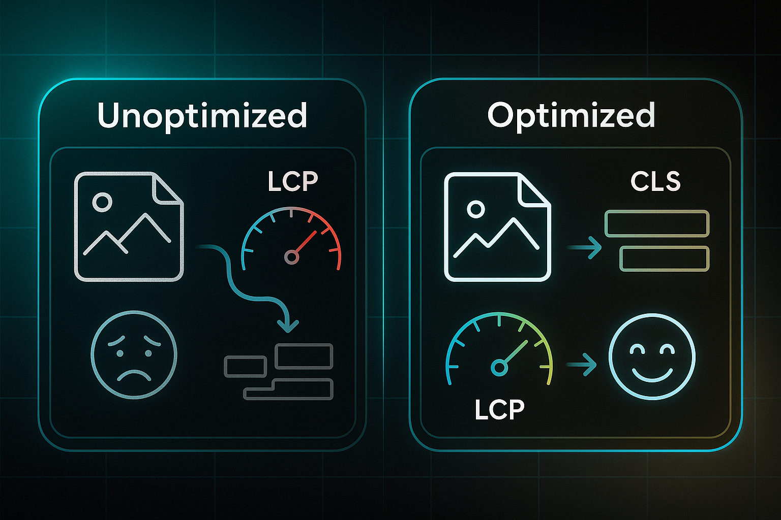 Infographic comparing unoptimized and optimized images with speedometer, user icons, and layout stability metrics.
