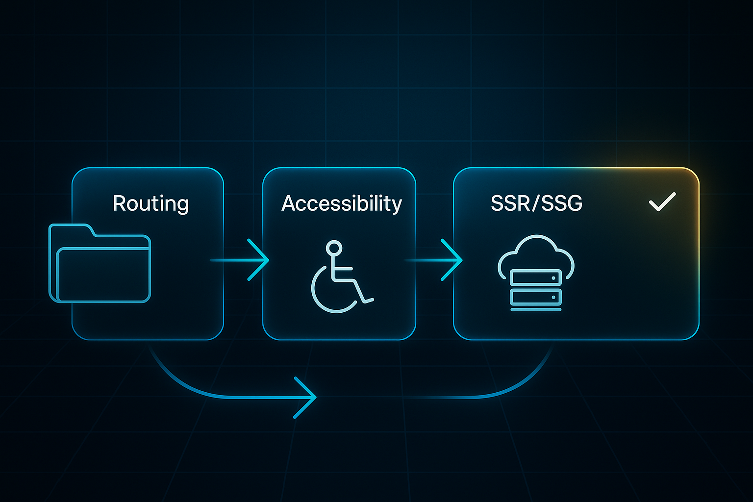 Horizontal infographic with four connected glass-effect boxes labeled Routing, Accessibility, SSR/SSG, and Optimized, on a dark tech background.