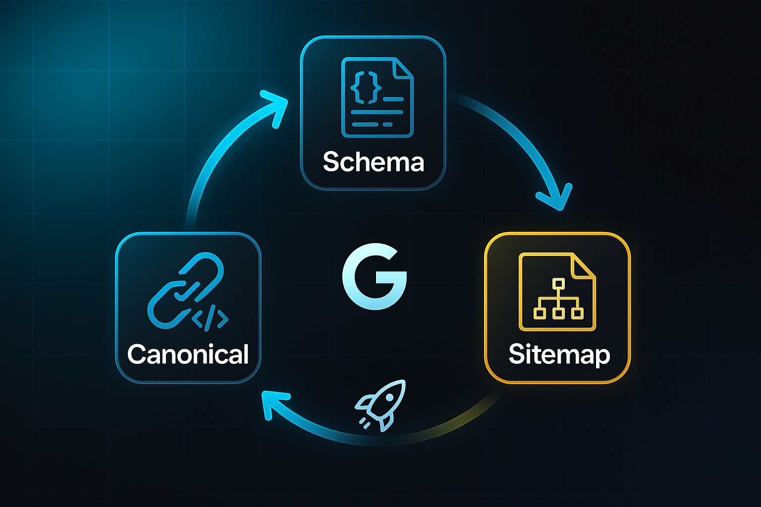 Infographic showing a circular flow connecting Schema, Canonical, and Sitemap nodes with icons, glowing arrows, and highlighted Sitemap node.