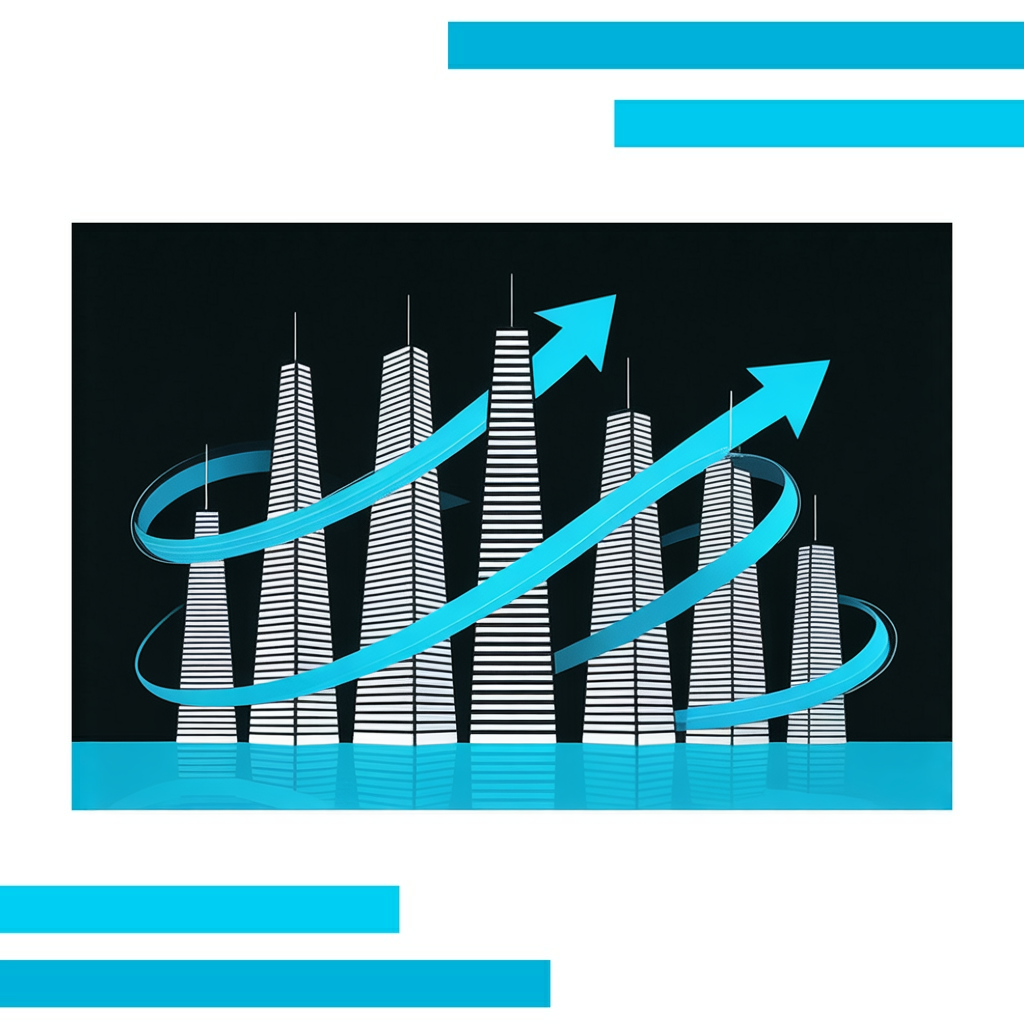 Ten sleek blue and black skyscrapers with glowing windows, spiraling arrows, and data streams on a white background.