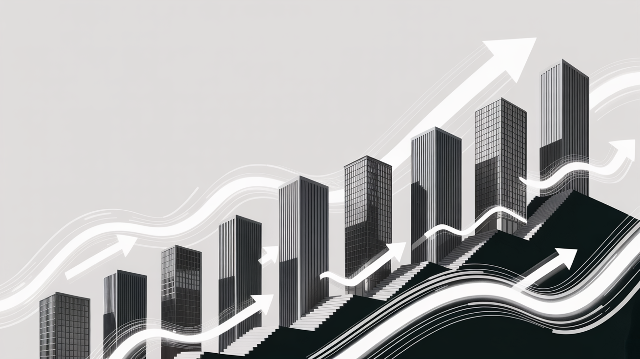 Ten modern blue and black skyscrapers in a staircase pattern, connected by white arrows and motion lines on a white background.