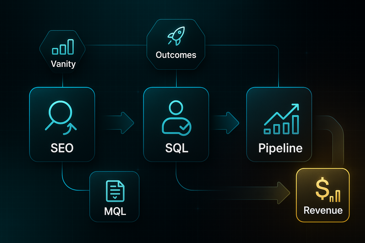 Infographic showing five dashboard widgets labeled SEO, MQL, SQL, Pipeline, and Revenue, connected by glowing arrows and icons.