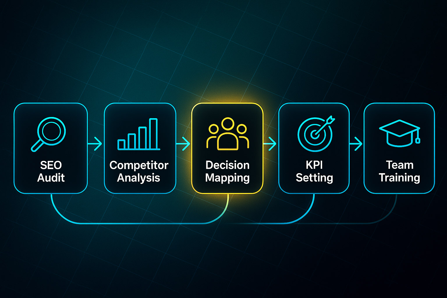 Infographic showing a five-step workflow with labeled icons: SEO Audit, Competitor Analysis, Decision Mapping, KPI Setting, Team Training.
