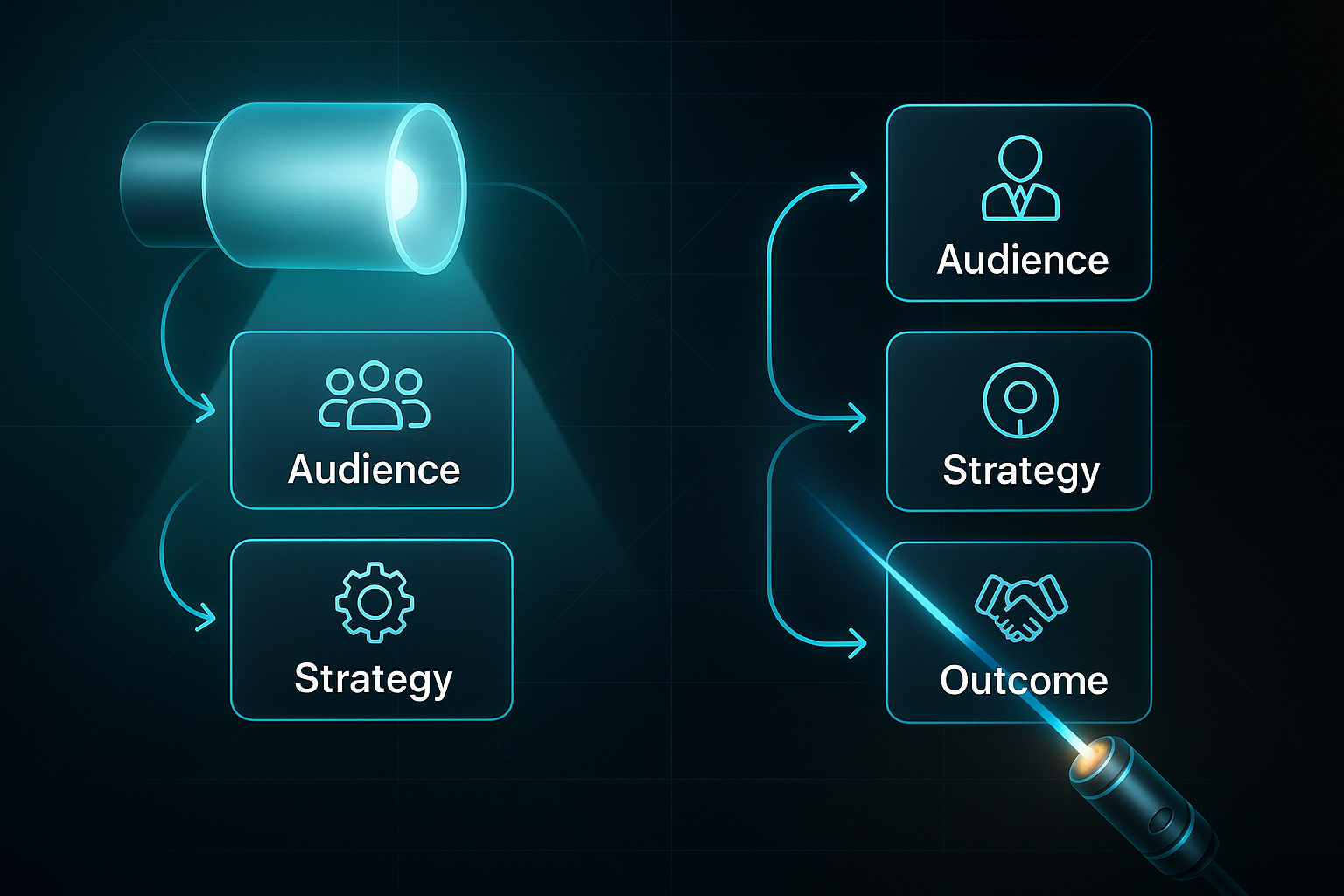 Infographic comparing floodlight and laser pointer approaches, each with audience, strategy, and outcome icons and labels.