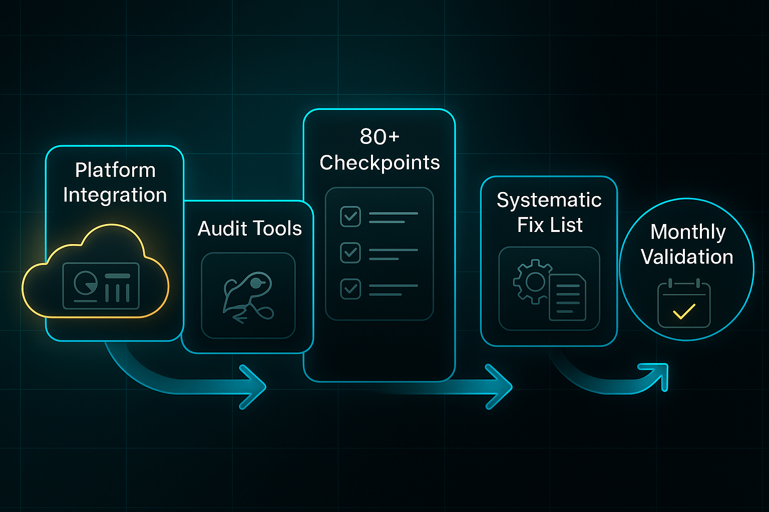Futuristic infographic showing five stages: platform integration, audit tools, 80+ checkpoints, fix list, and monthly validation.