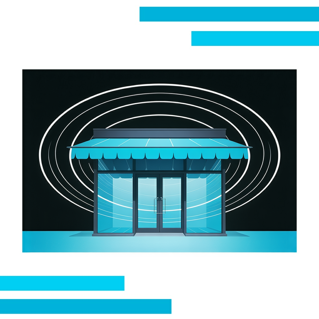 Modern storefront with large glass windows and blue awning atop a black map pin, surrounded by glowing concentric circles.