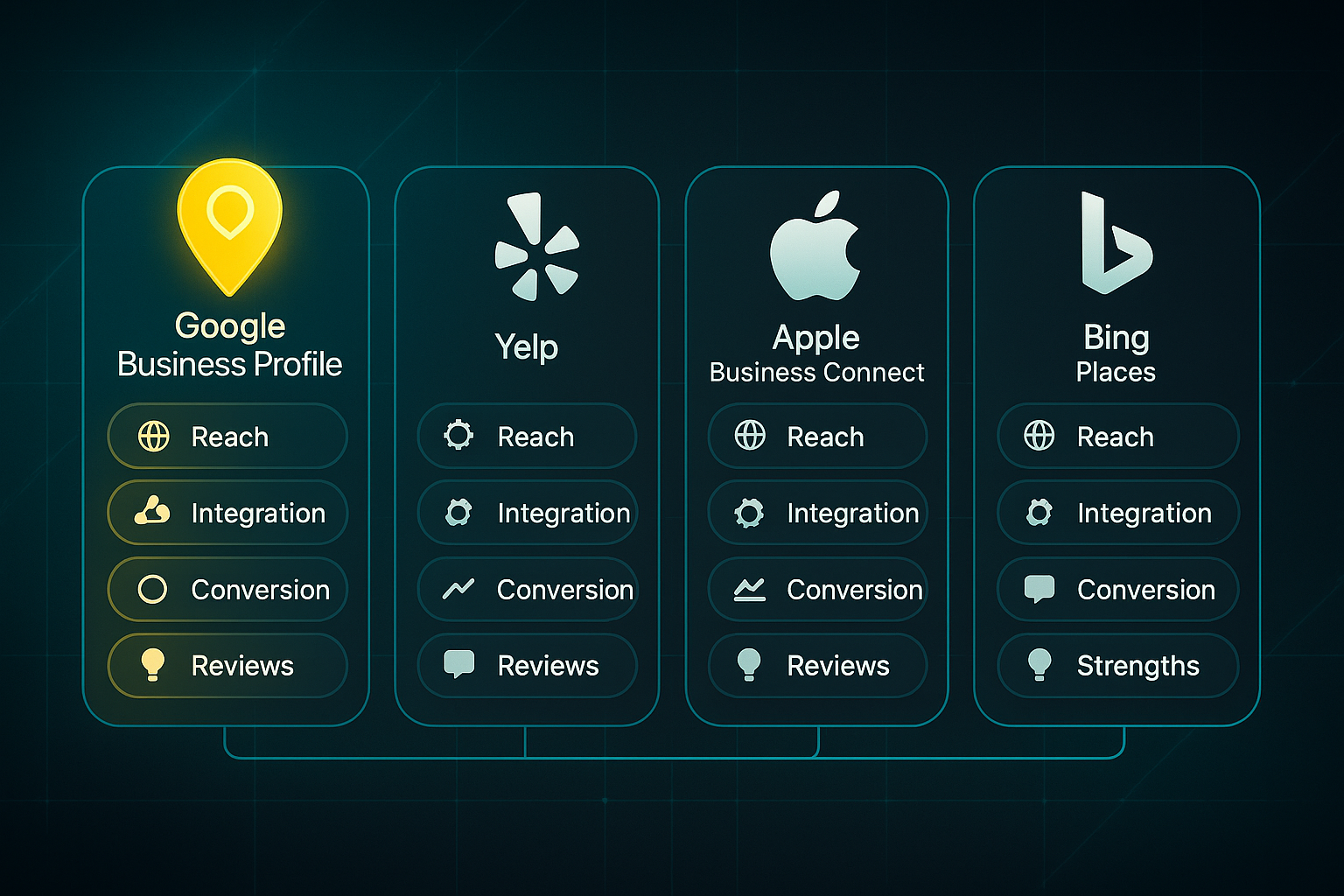 Infographic comparing Google, Yelp, Apple, and Bing business platforms with icons and feature rows on a dark tech-themed background