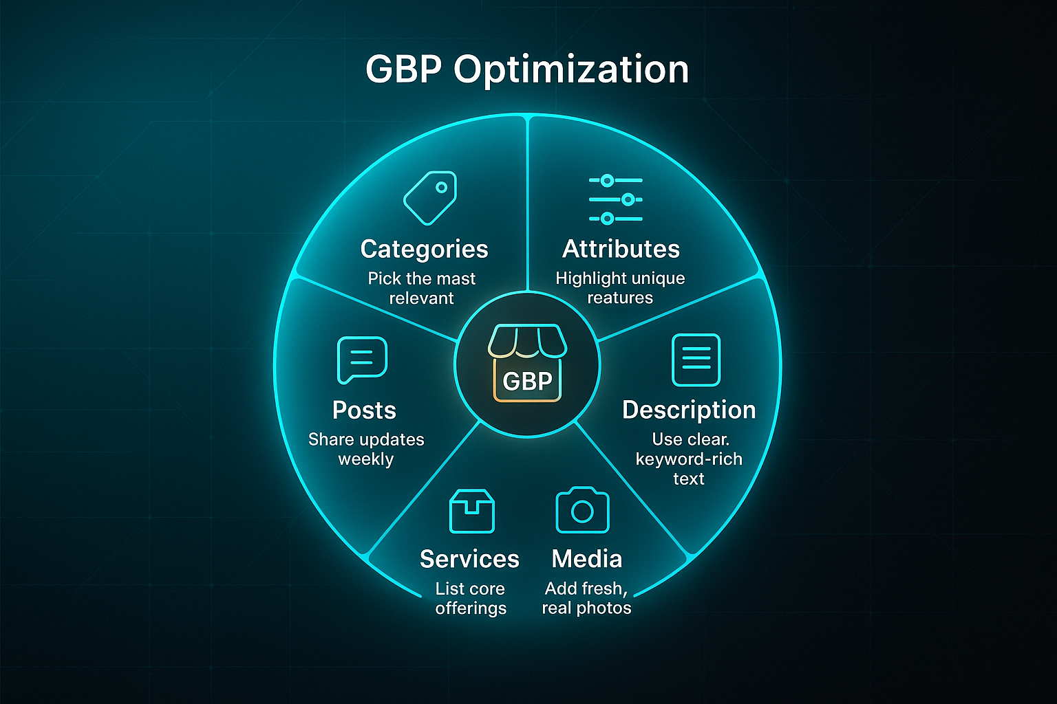Infographic with a glassmorphic wheel divided into six segments, each showing icons and tips for optimizing a Google Business Profile.