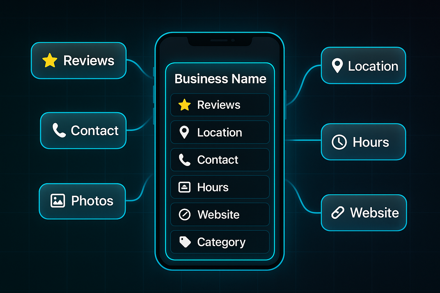 Stylized smartphone mockup displaying business listing icons and labels, with glowing arrows pointing to matching callout containers around the phone.