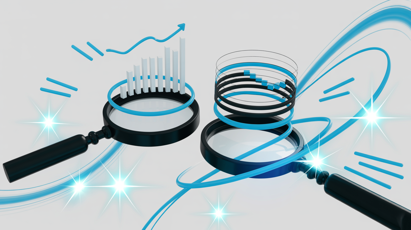Two overlapping blue magnifying glasses surrounded by swirling data lines and floating analytic charts on a white background