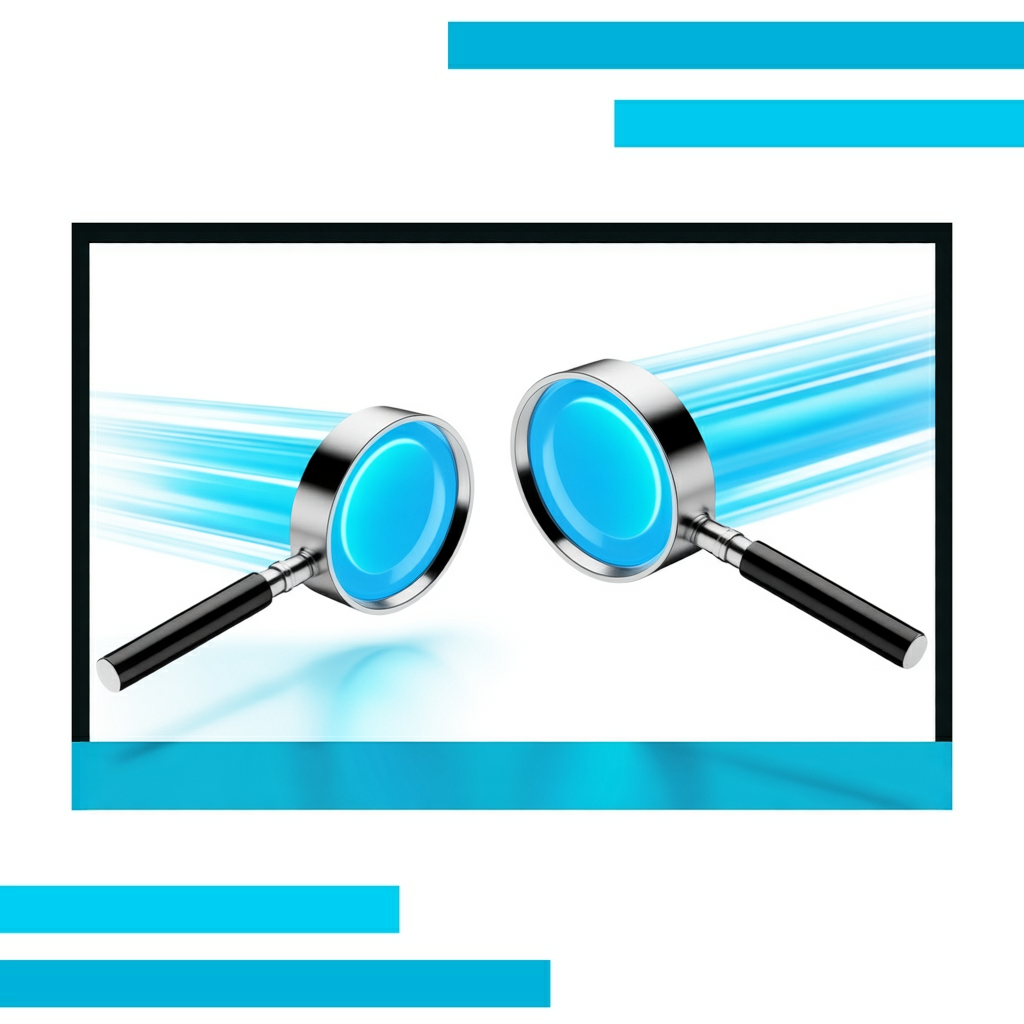 Two metallic magnifying glasses with glowing blue lenses face each other, surrounded by data charts and motion lines on a white background.