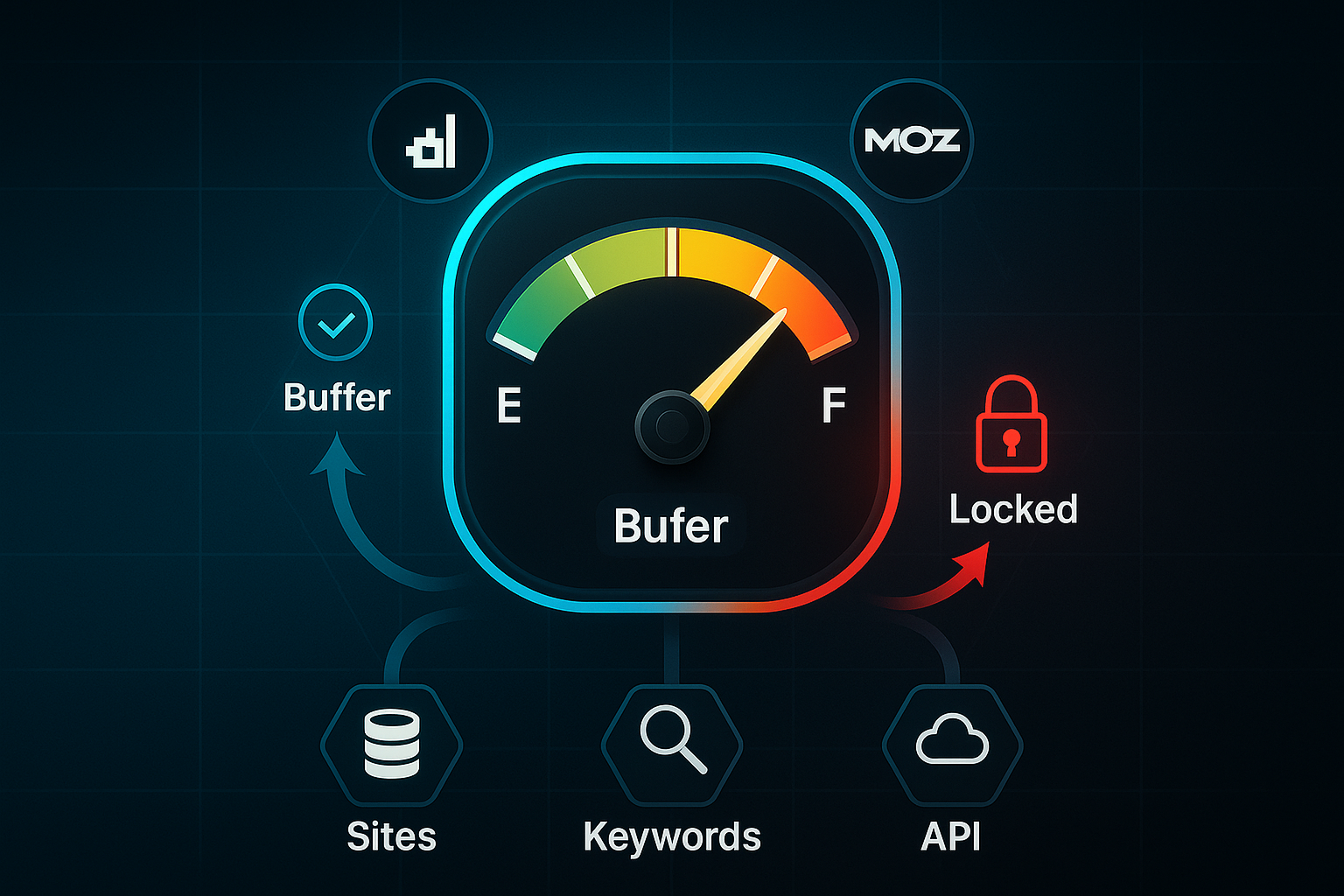 Infographic showing a stylized fuel gauge with Ahrefs and Moz icons, resource hexagons, and arrows linking usage zones.
